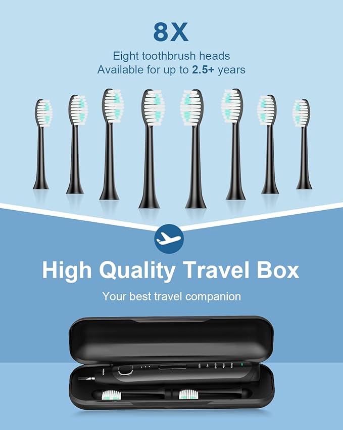 Operan Electric Toothbrush for Adults and Kids Rechargeable Sonic Toothbrush with 5 Modes 2-Min Smart Timer IPX7 Waterproof 40,000 VPM Motor with 8 Brush Heads & Travel Case (Black)