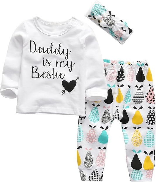 KuKitty 3Pcs Baby Girl Outfits Set Long Sleeve T-Shirt Tops Flowers Pants with Headband