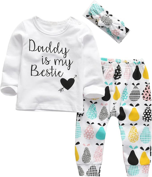 KuKitty 3Pcs Baby Girl Outfits Set Long Sleeve T-Shirt Tops Flowers Pants with Headband