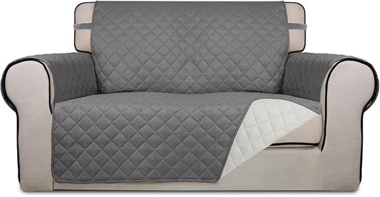 PureFit Reversible Quilted Sofa Cover, Water Resistant Slipcover Furniture Protector, Washable Couch Cover with Non Slip and Elastic Straps for Kids, Dogs, Pets (Loveseat, Gray/Ivory)