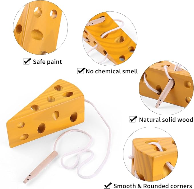 Early Development Toys Wooden Lacing Toys, Montessori Activity Caterpillars Eat Apple and Kids Cheese Toys, Children Learning Educational Wood Block Puzzles Toy for Toddlers Boys Girls