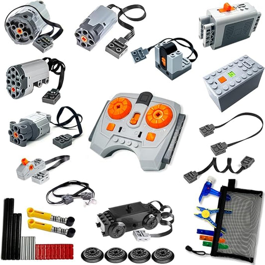 39-in-1 Motor Kit Compatible with Lego Technic: Motor*4,Battery Box*2,2.4G Receiver,IR Speed Remote Control,Control Switch & Extension Wire & LED Light Wire,with Building Block Tool Kit