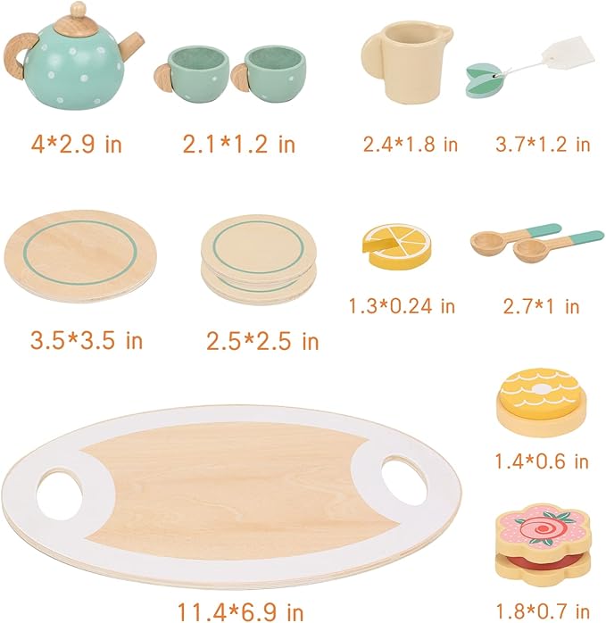 Wooden Tea Party Set for Little Girls Toys, Pretend Play Kids Tea Set for Toddlers Wood Toys, Wooden Play Food Kitchen Accessories Sets for Kid