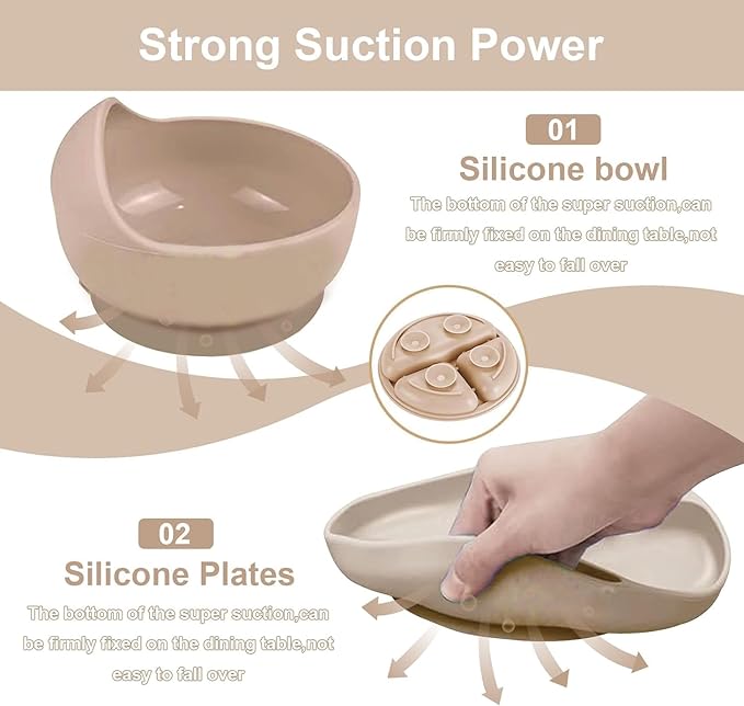 Baby Feeding Tableware Set Silicone Tray and Bowl with Suction Cup Baby Weaning Supplies Adjustable Waterproof Bib Learning Cup and 2 Spoons 2 Forks 8-Piece Set（Apricot）