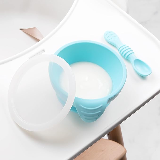 Bumkins Baby Bowl, Silicone Feeding Set with Suction for Baby and Toddler, Includes 4 Spoons and Lid, First Feeding Set, Training Essentials for Baby Led Weaning for Babies 4 Months Up, Blue