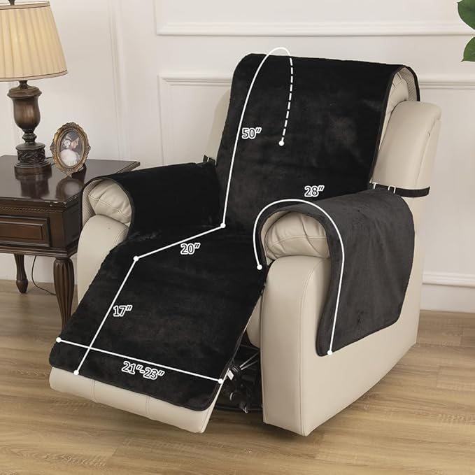 RBSC Home Waterproof Faux Fur Recliner Covers - Black Antislip Recliner Chair Slipcover Faux Rabbit Plush Furniture Protector with Elastic Straps for Kids, Dogs, Pets