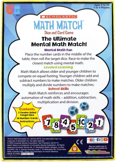 University Games, Scholastic Math Match Travel Dice Game, Mathematics Reinforcement Game for Kids, for 2 or More Players Ages 5 and Up