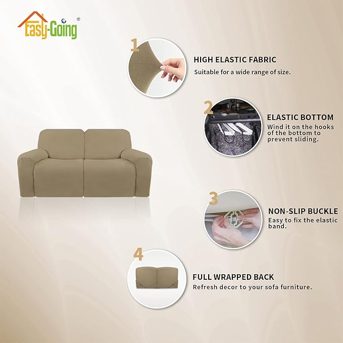 Easy-Going Oversized 6 Pieces Microfiber Stretch Sectional Recliner Loveseat Sofa Slipcover Soft Fitted Fleece 2 Seats Couch Cover Washable Furniture Protector with Elasticity for Kids Pet Tan