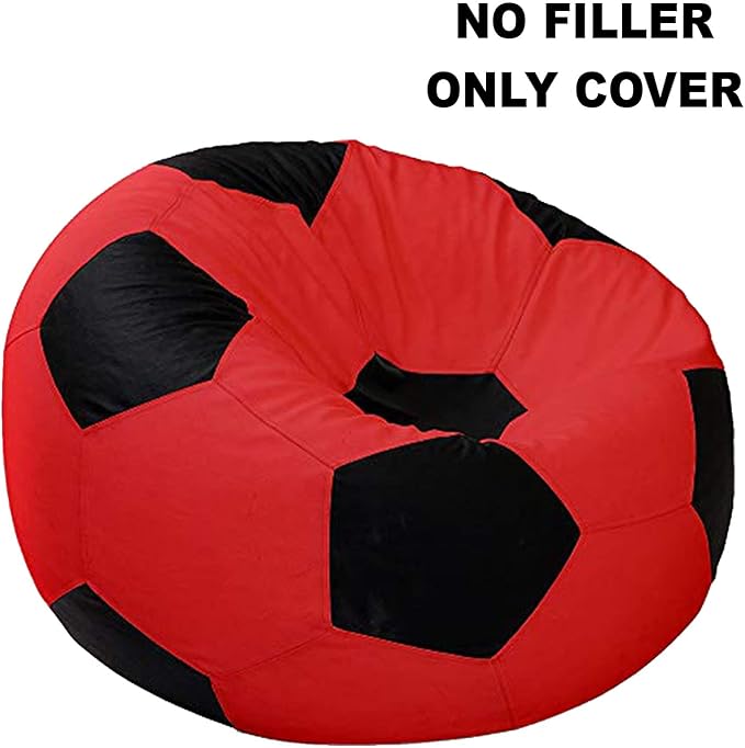 Ample Decor Soccer Bean Bag Cover (Filler Not Included), Leatherette Durable Double Stitched Material Sturdy Zippers, Ideal for Children and Teenagers - Red and Black