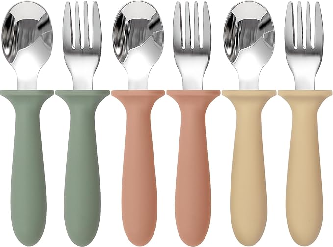 6 Pack Toddler Utensils, kids Silverware with Silicone Handle, 18/8 Stainless Steel Children Safe Spoons and Forks Set Baby Feeding Essentials, Dishwasher Safe