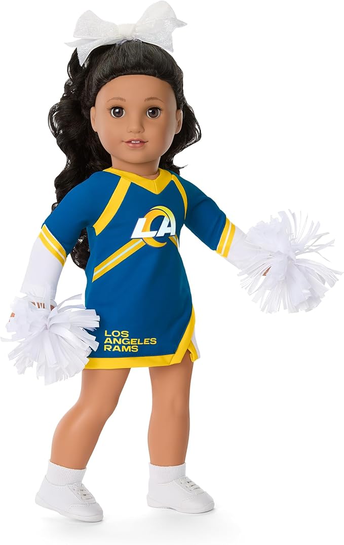 American Girl Los Angeles Rams Cheer Uniform 18 inch Doll Clothes with Pom Poms, Blue and Yellow, 5 pcs, Ages 6+