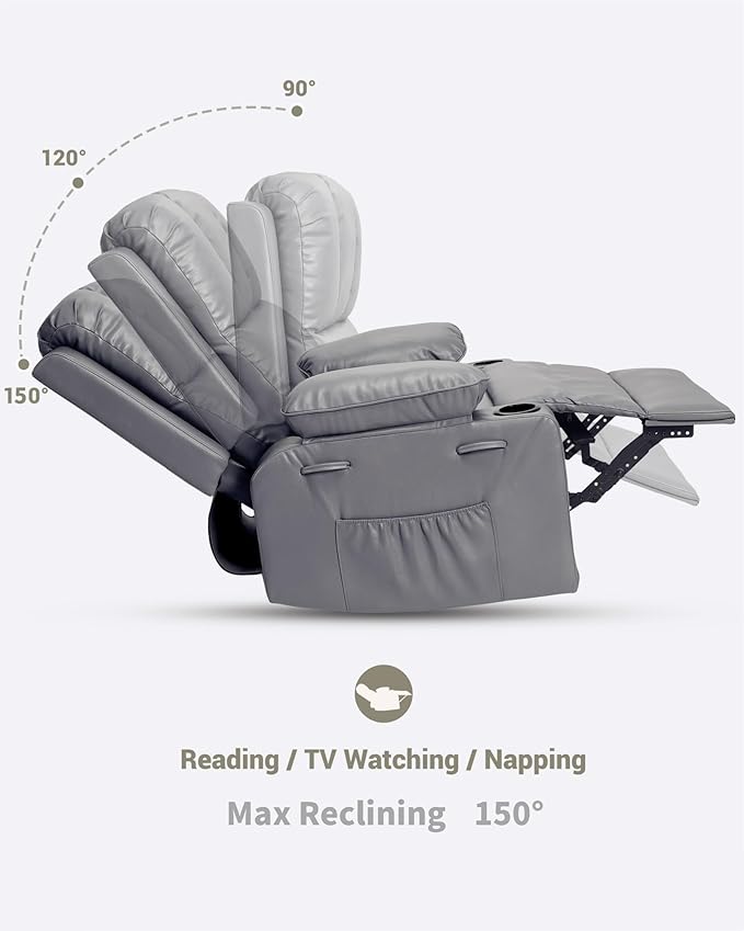 27'' Leather Recliner Chair Oversized, Overstuffed Manual Recliner Chair, Single Sofa for Adults, with Cup Holder and Side Pockets, for Living Rooms, Max Weight 400 lbs, Gray
