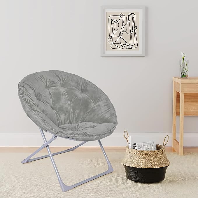 Amazon Basics Comfortable Faux Fur Saucer Shaped Chair with Foldable Metal Frame, Grey, 32.3"D x 27.2"W x 32.3"H