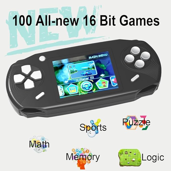 16 Bit Handheld Games for Kids Adults 3.0'' Large Screen Preloaded 100 HD Classic Retro Video Games USB Rechargeable Seniors Electronic Game Player Birthday Xmas Present (Black)