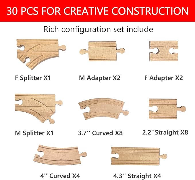 Wooden Train Track 30 Piece Set, Train Track Expansion Compatible with All Major Railroad Brands Including Thomas Wooden Train, Brio, Thomas The Tank Engine