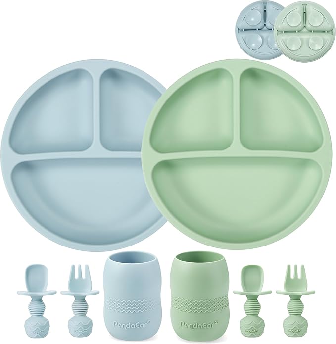 PandaEar Silicone Baby Feeding Set| 2 Pack Silicone Divided Suction Plate and 2 Pack Tiny Cup with 2 Spoons 2 Forks| Baby Led Weaning Supplies Self Feeding Eating Utensils (Blue/Green)