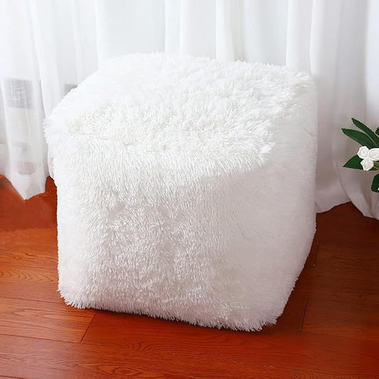 Asuprui Square Pouf Ottoman Unstuffed White 18x18x15 Inches Fuzzy Storage Bean Bag Unstuffed Pouf Ottoman Foot Rest NO Filler Ottoman Pouf for Living Room Bedroom Cover ONLY