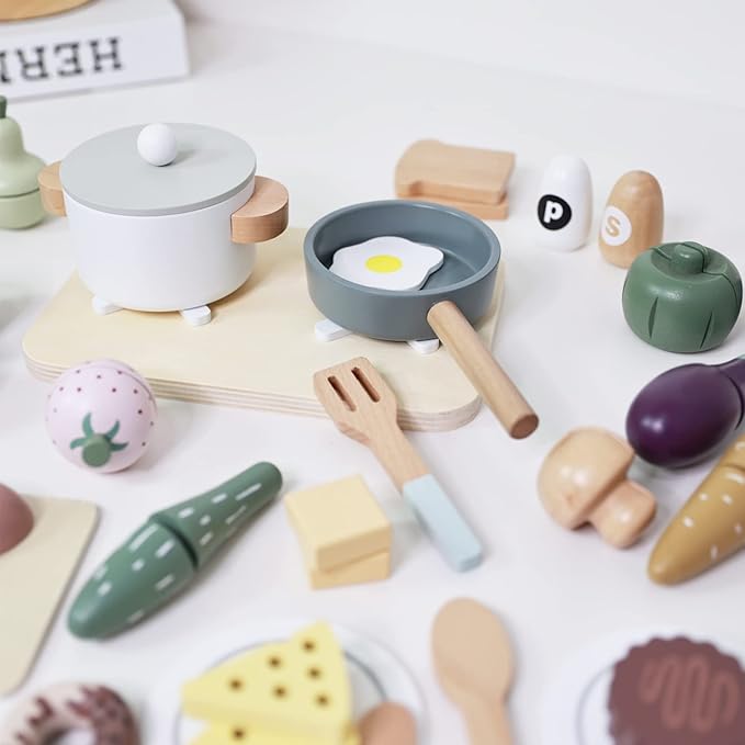 Wooden Play Food Sets for Kids Kitchen 42 pc Wooden Toys with Storage Basket Wood Pretend Food Play Kitchen Accessories Set