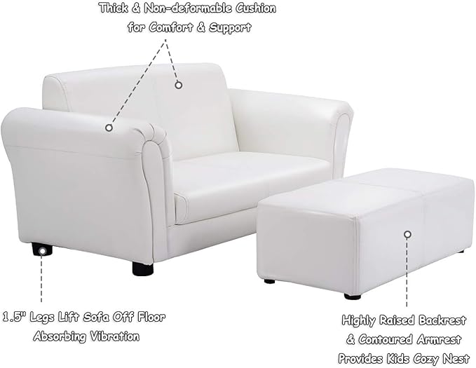 Costzon Kids Couch with Footstool, 2 in 1 Double Seat Children's Sofa w/PU Leather Surface, Armrest Chair Lounge, Soft Kids Sofa for Preschool Bedroom Kids Room Toddlers Boys Girls Birthday (White)