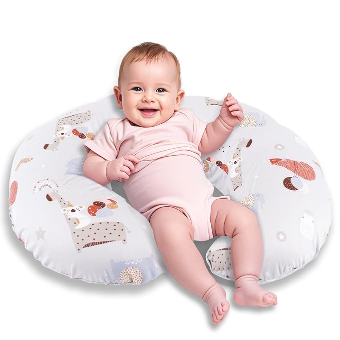 Nursing Pillow, Breastfeeding Pillows with Standard Size Removable Cover, Breast Feeding Pillow with Breathable Filling, Ergonomic Nursing Essentials for Bottle and Breastfeeding- Animal Gray