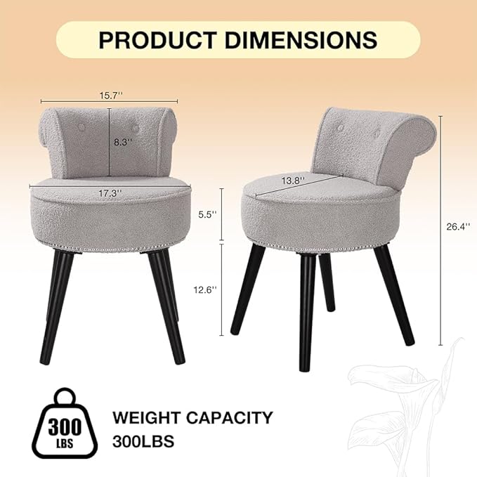 Sherpa Vanity Chair with Back Small Makeup Chair with Wood Legs Sherpa Vanity Stool Tufted Accent Chairs with Low Back Makeup Chair for Vanity for Women Girl and Kids (Grey)
