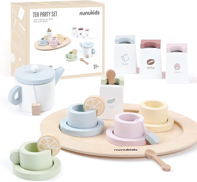 Wooden Tea Set for Little Girls Tea Party Set for Toddlers 20pcs Playset Pretend Play Tea Set Toy