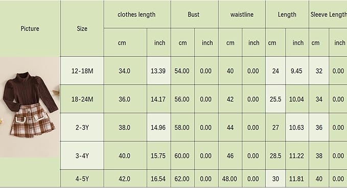 Fernvia Toddler Baby Girl Fall Winter Skirt Set Turtleneck Ribbed Long Sleeve T-Shirt Top & Plaid Skirts Dress 2Pcs Outfits