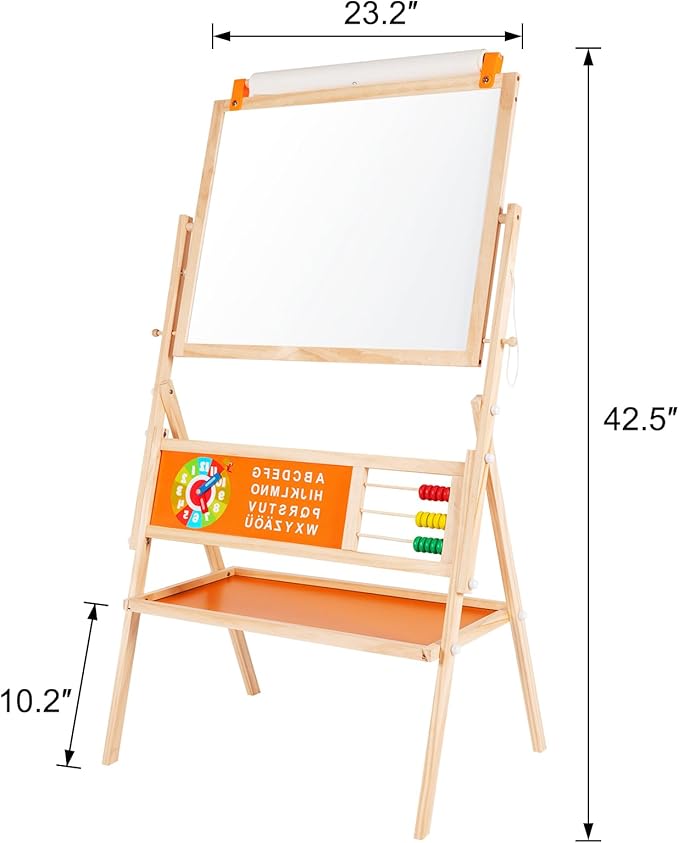 3-in-1 Wooden Easel for Kids, Toddle Double-Sided Easel with Magnetic Whiteboard and Painting Blackboard, 360° Rotatable, Paper-roll Holder, Storage Tray, and Stickers Included