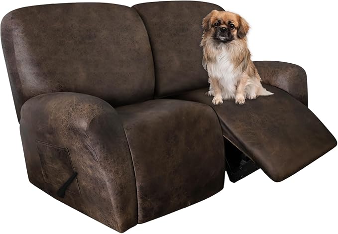 Leather Look Loveseat Recliner Covers Stay in Place 6-Piece Recliner Sofa Slipcover 2 Seater Reclining Couch Cover Furniture Protector Spandex Fabric Washable (Recliner Loveseat, Brown)