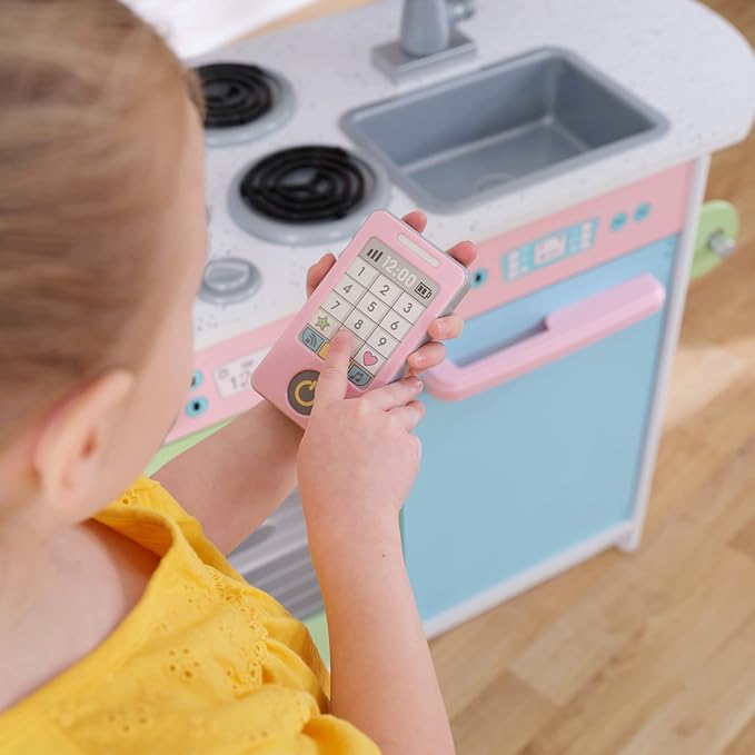 KidKraft Uptown Pastel Wooden Play Kitchen with Chalkboard, Play Phone, and See-Through Doors, Gift for Ages 3+
