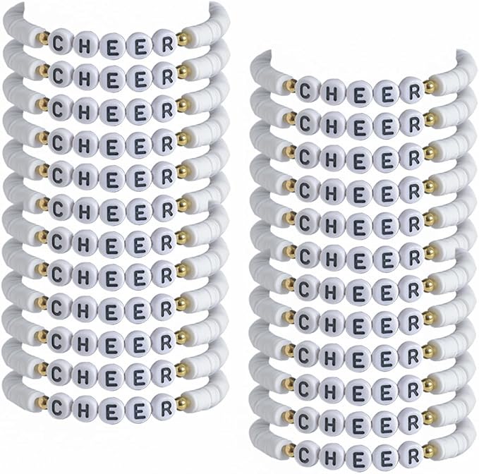 24 Pcs Cheerleader Gifts for Girls Handmade Friendship Bracelets for Teen Girls Stretch Cheer Bracelets Y2k Cheer Stuff Stackable Clay Bead Bracelets Bulk Teens Birthday Christmas Party Favors