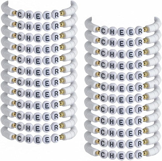 24 Pcs Cheerleader Gifts for Girls Handmade Friendship Bracelets for Teen Girls Stretch Cheer Bracelets Y2k Cheer Stuff Stackable Clay Bead Bracelets Bulk Teens Birthday Christmas Party Favors