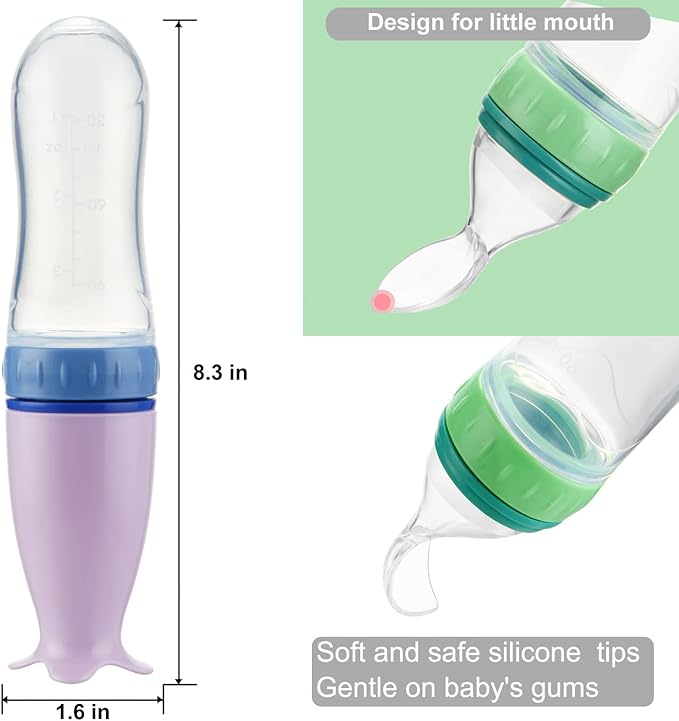 PandaEar 2 Pack Baby Food Spoon Dispenser + 2 Silicone Baby Spoons| Baby Spoon Bottle Feeder| 4 oz Squeeze Spoon Feeder for Baby Food| Travel Friendly Kids Toddlers Boys Girl