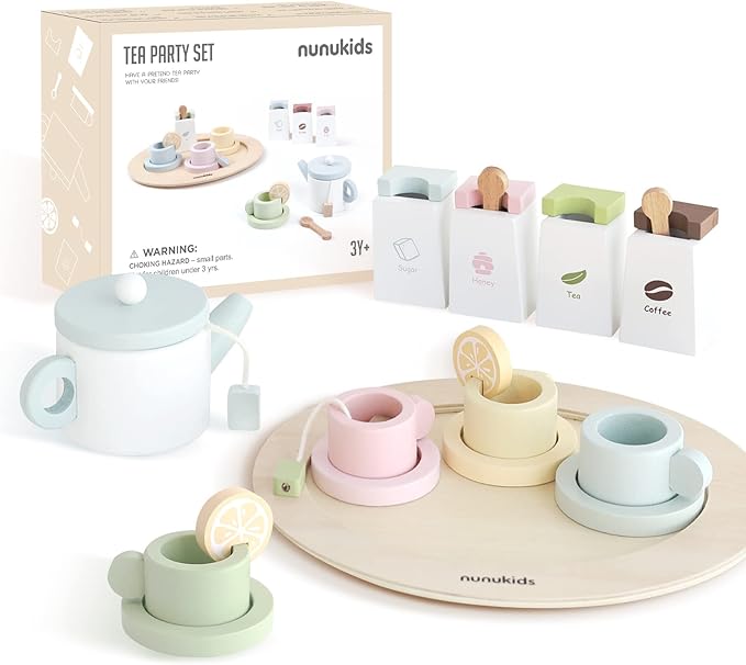 Wooden Tea Set for Little Girls Tea Party Set for Toddlers 20pcs Playset Pretend Play Tea Set Toy