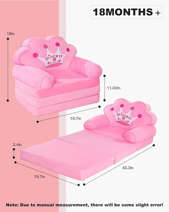 MOONBEEKI Kids Foldable Sofa Bed, Princess Chair for Toddlers 1-3, Pink Cartoon Shape, High Density Foam, Fold Out Couch for Bedroom, Sofa Bed for Girls, 15.1x19.7x2.4 inches, 4.4 lbs