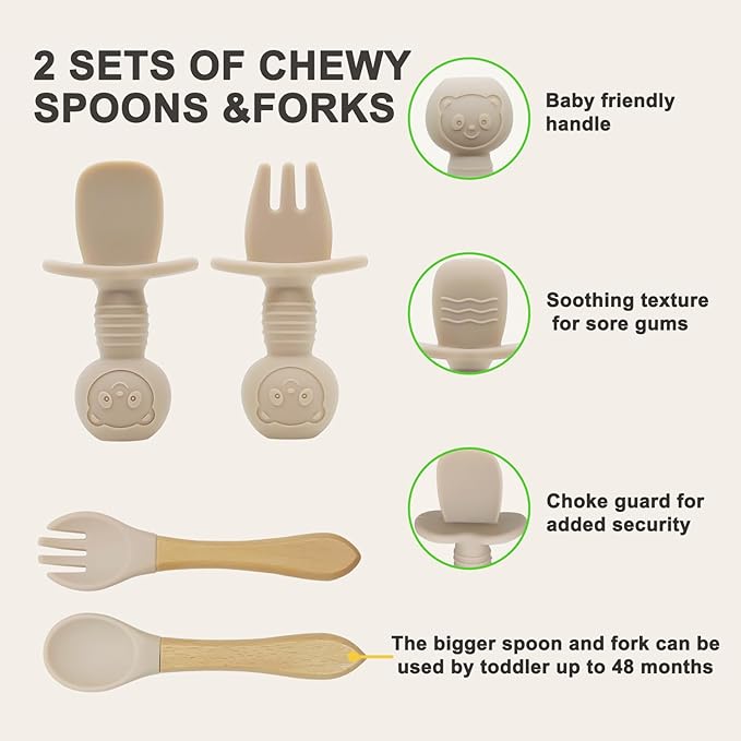 Silicone Baby Feeding Set | Baby Led Weaning Supplies Includes Suction Bowls and Divided Plates, Adjustable Bib, Baby Utensils Spoons and Forks,Cup | Baby Feeding Essentials (Beige)