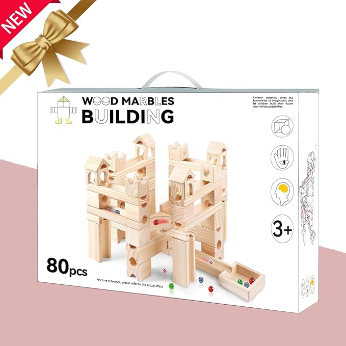 Wooden Marble Run for Kids Ages 4-8 – 80 Pieces Marble Rush Track Maze Construction Toy, STEM Building Blocks, Educational Gift for Boys & Girls
