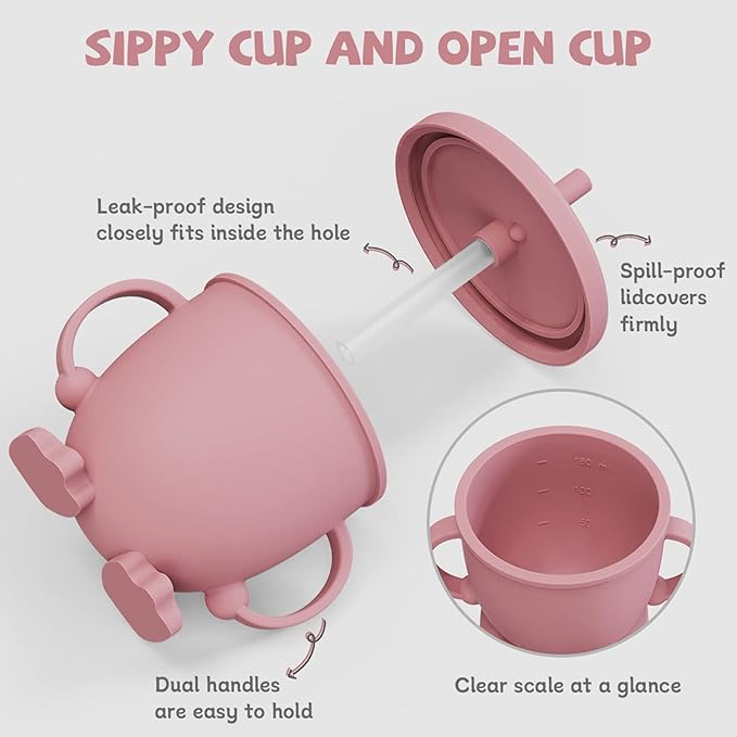 RyanLemon Baby Feeding Set, Baby Flatware Sets, Silicone Baby Led Weaning Set, Suction Plate and Bowl, Pocket Bib, Spoon Fork, Toddler Flatware Set for Babies 6 Months+, Pink