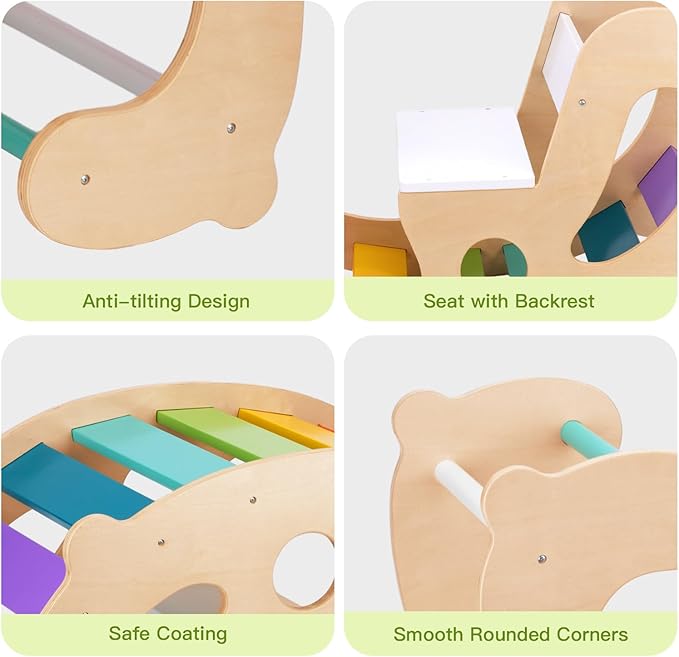 2 in 1 Rainbow Climbing Toys - Pikler Montessori Climbing Set, Wooden Rocking Horse Toy, Children Indoor Outdoor Play Gym Learning Playset, Playground for Kids Present