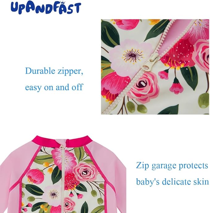 upandfast Baby/Toddler Swimsuit UPF 50+ Sun Protection One Piece Zipper Bathing Suit with Sun Hat Infant Beach Swimwear