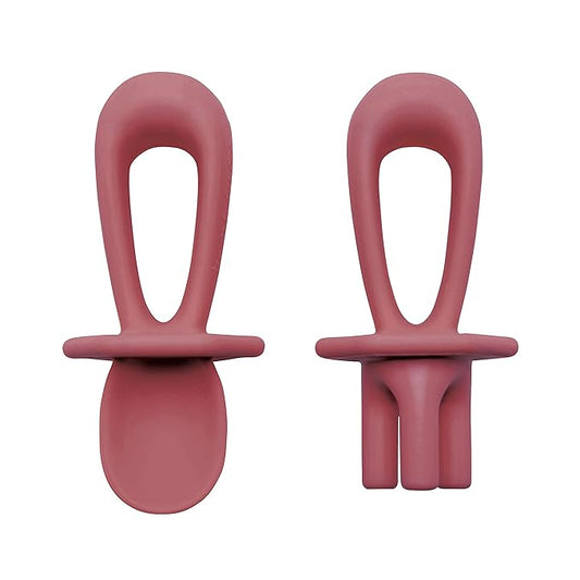 Tiny Twinkle Silicone Training Utensils, Baby Spoons and Baby Forks For Self-Feeding Training, Silicone Baby Led Weaning Utensils For Toddlers And Babies 6-24 Months, Baby Feeding Supplies (Burgundy)