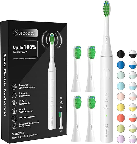 ARISSON Sonic Electric Toothbrush for Adults and Kids, 40,000 VPM Power Toothbrush, 1.5H Fast Charge Ultrasonic Electric Toothbrushes with 2 Minutes Smart Timer, Snow White