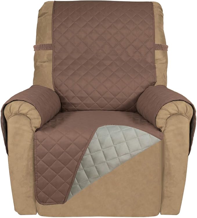 PureFit Reversible Quilted Sofa Cover, Water Resistant Slipcover Furniture Protector, Washable Couch Cover with Non Slip and Elastic Straps for Kids, Dogs, Pets (Small Recliner, Brown/Beige)