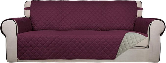 PureFit Reversible Quilted Sofa Cover, Water Resistant Slipcover Furniture Protector, Washable Couch Cover with Non Slip and Elastic Straps for Kids, Dogs, Pets (Sofa, Wine/Beige)