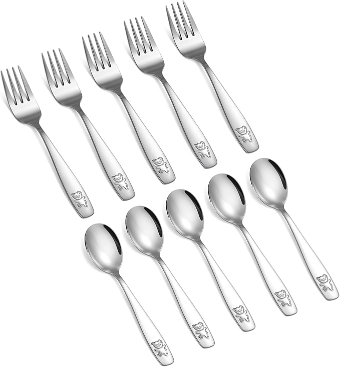 10 Pieces Toddler Utensils Kids Silverware Set, Kids Silverware Stainless Steel Childrens Safe Flatware Metal Baby Utensils Set Small Forks and Spoons for Self Feeding, Dishwasher Safe