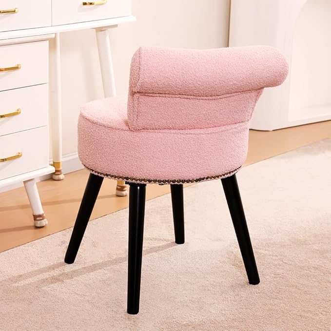 Sherpa Vanity Chair with Back Small Makeup Chair with Wood Legs Sherpa Vanity Stool Tufted Accent Chairs with Low Back Makeup Chair for Vanity for Women Girl and Kids (Pink)