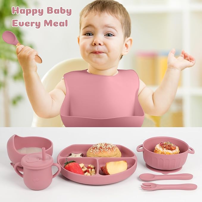 Silicone Baby Feeding Set 15 Pcs，Baby Spoons Suction Bowl Divided Plate Bib Cup Finger Brush Teething Teether，Baby Led Weaning Supplies,Baby & Toddler Silicone Plates and Bowls Dining Set（pink）