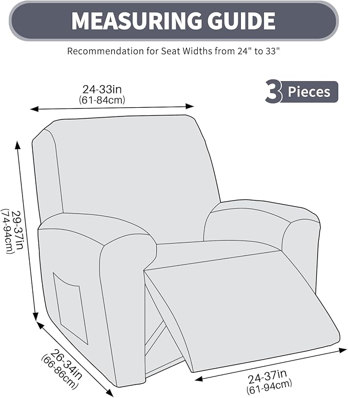 JIVINER Recliner Chair Covers 3 Pieces Lazy Boy Covers for Recliner with Pockets, Washable Reclining Slip Cover Stay in Place Stretch Sofa Furniture Protector for Kids, Pets (Recliner, Dark Gray)