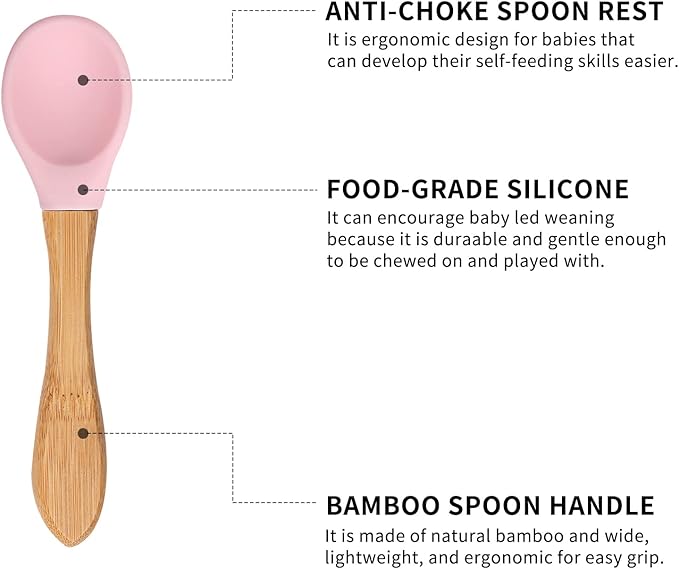 Toddler Bamboo Plates, Bowls and Spoon Set, Wooden Feeding Utensils for Infant’s Easy Self Eating at 1 Stage, Stay Put Silicone Suction Plate and Bowl and Soup Spoon for Baby Led Weaning