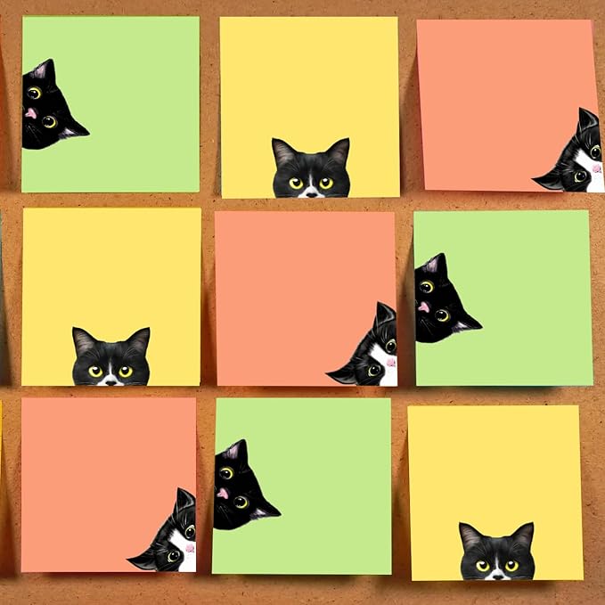 9 Pads Black Cat Sticky Notes Set, Pink Self-Stick Note Pads, Super Adhesive Memo Pads Cute Note Card for Cat Lover Gift, Teacher Office and School Supplies, 3x3in
